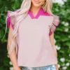 Sale Dear-Lover Colorblock Ruffled Sleeve Frill V Neck Blouse Pink