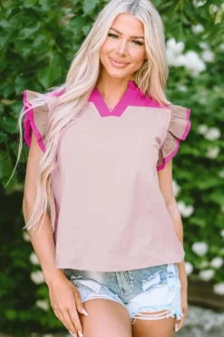 Sale Dear-Lover Colorblock Ruffled Sleeve Frill V Neck Blouse Pink