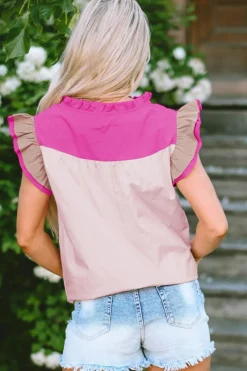 Sale Dear-Lover Colorblock Ruffled Sleeve Frill V Neck Blouse Pink