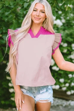 Sale Dear-Lover Colorblock Ruffled Sleeve Frill V Neck Blouse Pink