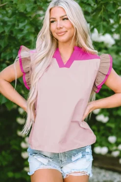Sale Dear-Lover Colorblock Ruffled Sleeve Frill V Neck Blouse Pink