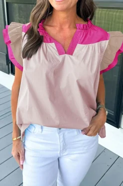 Sale Dear-Lover Colorblock Ruffled Sleeve Frill V Neck Blouse Pink
