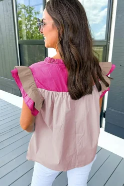 Sale Dear-Lover Colorblock Ruffled Sleeve Frill V Neck Blouse Pink