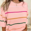 Clearance Dear-Lover Colorblock Striped Half Sleeve Drop Shoulder Sweater Pink