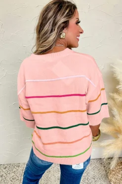 Clearance Dear-Lover Colorblock Striped Half Sleeve Drop Shoulder Sweater Pink