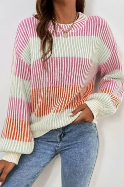 Online Dear-Lover Colorblock Textured Knit Bubble Sleeve Sweater Pink