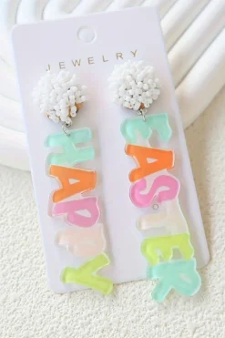 Clearance Dear-Lover Colorful HAPPY EASTER Drop Earrings Pink