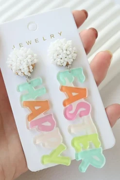 Clearance Dear-Lover Colorful HAPPY EASTER Drop Earrings Pink