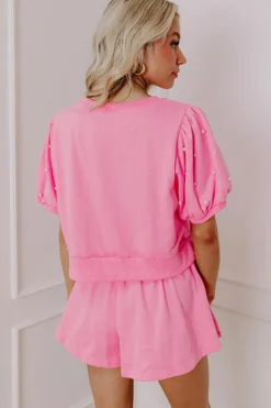 Sale Dear-Lover Contrast Bow Trim Pearl Puff Sleeve Blouse and Skort 2pcs Set Pink