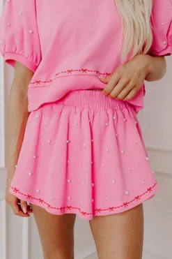 Sale Dear-Lover Contrast Bow Trim Pearl Puff Sleeve Blouse and Skort 2pcs Set Pink