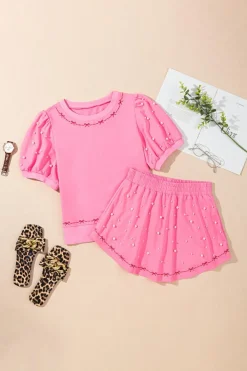 Sale Dear-Lover Contrast Bow Trim Pearl Puff Sleeve Blouse and Skort 2pcs Set Pink