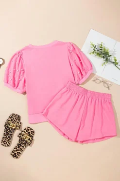 Sale Dear-Lover Contrast Bow Trim Pearl Puff Sleeve Blouse and Skort 2pcs Set Pink