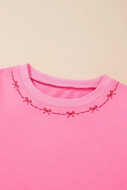 Sale Dear-Lover Contrast Bow Trim Pearl Puff Sleeve Blouse and Skort 2pcs Set Pink