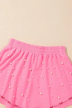Sale Dear-Lover Contrast Bow Trim Pearl Puff Sleeve Blouse and Skort 2pcs Set Pink