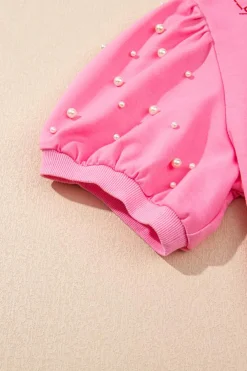 Sale Dear-Lover Contrast Bow Trim Pearl Puff Sleeve Blouse and Skort 2pcs Set Pink