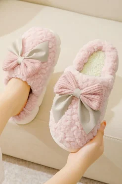 New Dear-Lover Contrast Bowknot Applique Plush Winter Slippers (Bow Colors May Differ by Batch) Pink