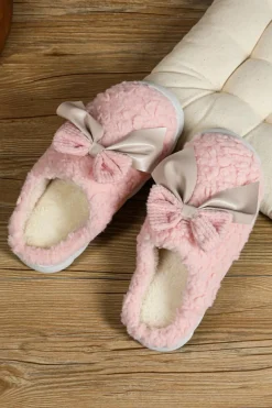 New Dear-Lover Contrast Bowknot Applique Plush Winter Slippers (Bow Colors May Differ by Batch) Pink
