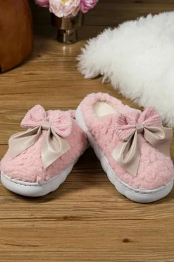 New Dear-Lover Contrast Bowknot Applique Plush Winter Slippers (Bow Colors May Differ by Batch) Pink