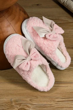New Dear-Lover Contrast Bowknot Applique Plush Winter Slippers (Bow Colors May Differ by Batch) Pink