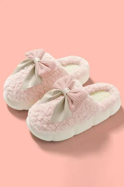New Dear-Lover Contrast Bowknot Applique Plush Winter Slippers (Bow Colors May Differ by Batch) Pink