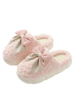 New Dear-Lover Contrast Bowknot Applique Plush Winter Slippers (Bow Colors May Differ by Batch) Pink