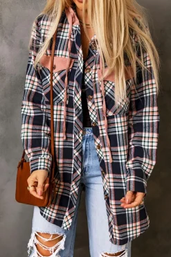 Fashion Dear-Lover Contrast Hooded Drawstring Plaid Shacket Pink