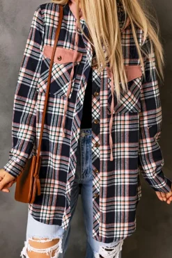 Fashion Dear-Lover Contrast Hooded Drawstring Plaid Shacket Pink