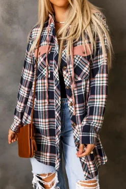Fashion Dear-Lover Contrast Hooded Drawstring Plaid Shacket Pink
