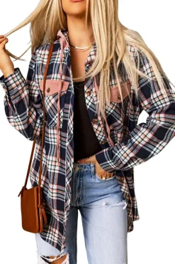 Fashion Dear-Lover Contrast Hooded Drawstring Plaid Shacket Pink