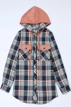 Fashion Dear-Lover Contrast Hooded Drawstring Plaid Shacket Pink