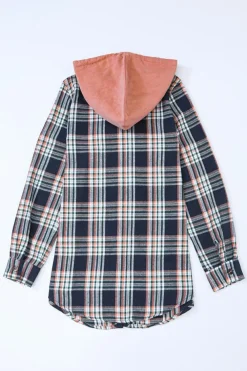 Fashion Dear-Lover Contrast Hooded Drawstring Plaid Shacket Pink