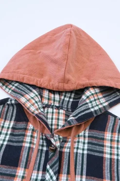 Fashion Dear-Lover Contrast Hooded Drawstring Plaid Shacket Pink