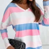 Online Dear-Lover Contrast Striped V Neck Long Sleeve Top Pink
