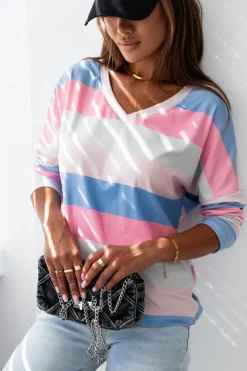Online Dear-Lover Contrast Striped V Neck Long Sleeve Top Pink