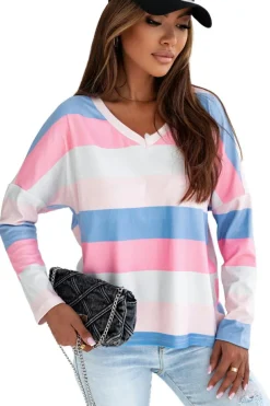 Online Dear-Lover Contrast Striped V Neck Long Sleeve Top Pink