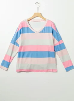 Online Dear-Lover Contrast Striped V Neck Long Sleeve Top Pink