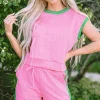 New Dear-Lover Contrast Trim Cable Textured Shorts Set Pink