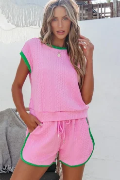New Dear-Lover Contrast Trim Cable Textured Shorts Set Pink