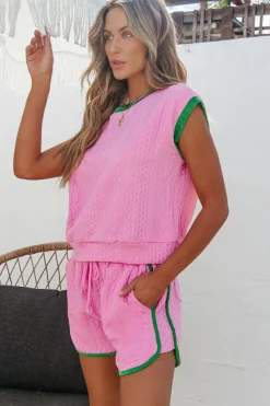 New Dear-Lover Contrast Trim Cable Textured Shorts Set Pink