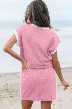 New Dear-Lover Contrast Trim Textured Crewneck Tee and Pocketed Skirt Set Pink