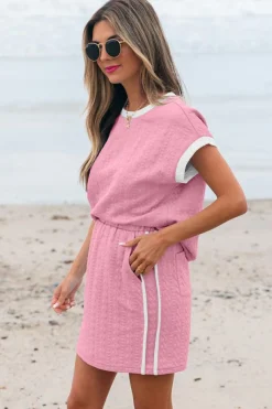 New Dear-Lover Contrast Trim Textured Crewneck Tee and Pocketed Skirt Set Pink