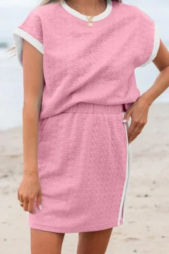 New Dear-Lover Contrast Trim Textured Crewneck Tee and Pocketed Skirt Set Pink