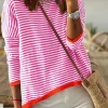 Clearance Dear-Lover Contrast Trimmed Striped Drop Shoulder Sweater Pink