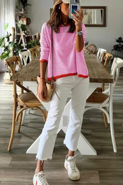 Clearance Dear-Lover Contrast Trimmed Striped Drop Shoulder Sweater Pink