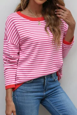 Clearance Dear-Lover Contrast Trimmed Striped Drop Shoulder Sweater Pink
