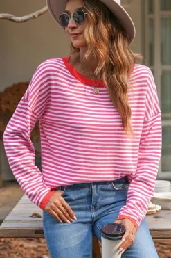 Clearance Dear-Lover Contrast Trimmed Striped Drop Shoulder Sweater Pink
