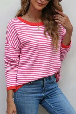 Clearance Dear-Lover Contrast Trimmed Striped Drop Shoulder Sweater Pink
