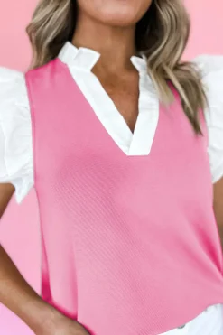 Online Dear-Lover Contrast V Neck Ruffled Textured Knit Top Pink