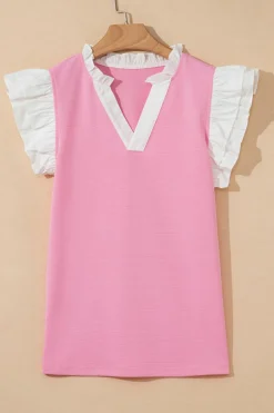 Online Dear-Lover Contrast V Neck Ruffled Textured Knit Top Pink