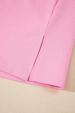 Online Dear-Lover Contrast V Neck Ruffled Textured Knit Top Pink
